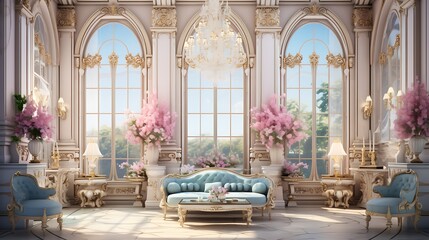 Rococo Parisian Salon:  an extravagant Parisian salon with pastel-colored walls, ornate furniture, and elaborate crystal chandeliers, capturing the essence of Rococo elegance and sophistication
