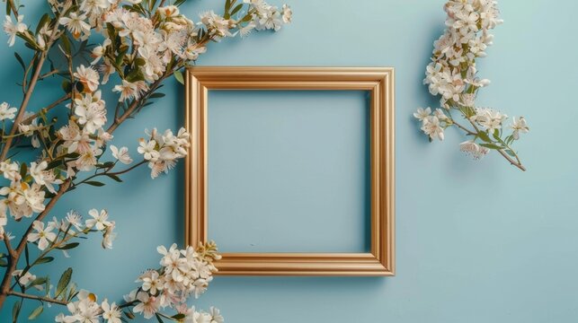 Delicate gold picture frame with floral corners mockup on a light blue background .