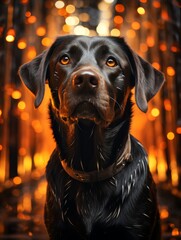 A black and brown dog relaxes in front of a crackling fire