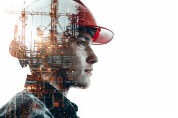 double exposure image of a young  engineer wearing helmet and manufacturer, white background.