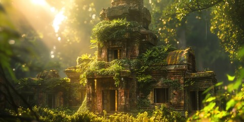 Ancient temple ruins overtaken by nature's embrace sit in a mystical forest at sunrise - obrazy, fototapety, plakaty