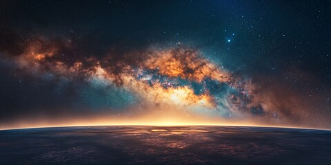 A magnificent cosmic scene capturing the sunrise over the horizon of a distant, alien world with a vibrant starry sky