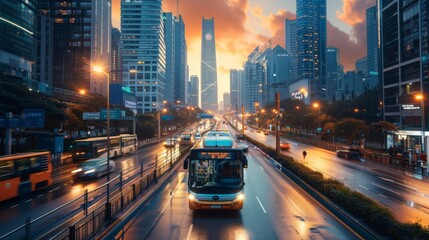 A modern urban environment where self-driving buses and intelligent traffic control technologies streamline commuting for residents - obrazy, fototapety, plakaty