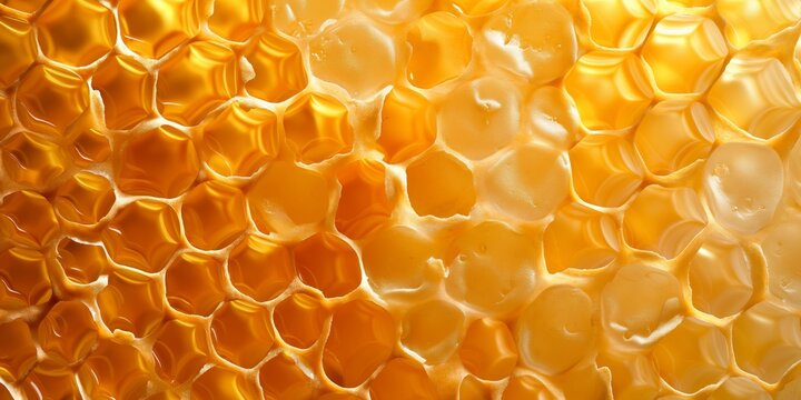 This close-up image captures the golden intricacies of a honeycomb brimming with honey