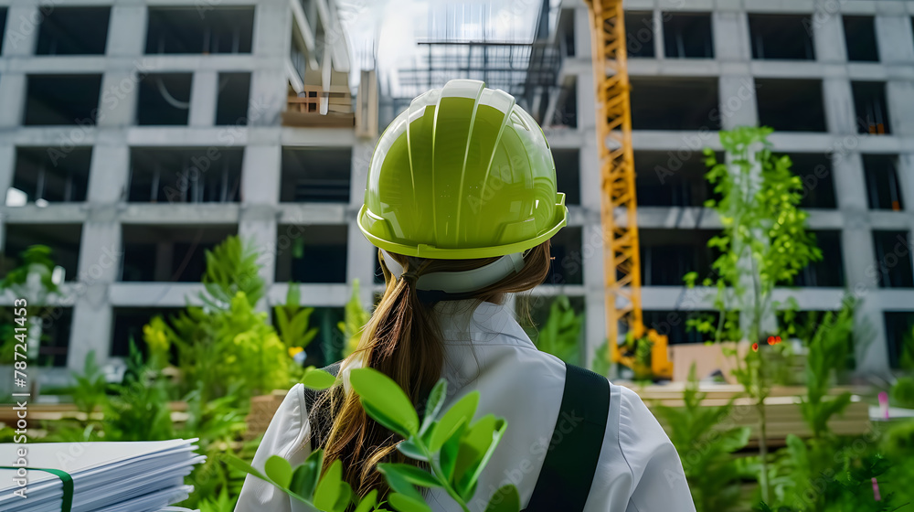 Poster promoting environmental sustainability: architects and engineers implement green building practices 