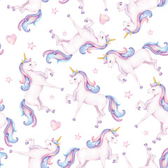 Seamless pattern. Watercolor unicorns pattern with rainbows and clouds. Cute watercolor 