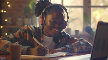 Smiling young black woman in wireless headphones sitting at desk table working on laptop and writing letter in paper notebook taking notes watching weninar holding pen in hand free cop : Generative AI - obrazy, fototapety, plakaty