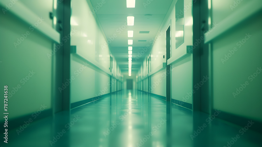 Aufkleber Bright empty defocused hospital corridor background with copy space : Generative AI