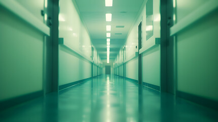 Bright empty defocused hospital corridor background with copy space : Generative AI