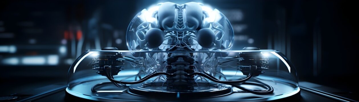 Cybernetic Extraterrestrial Experiment in Futuristic Science Laboratory with Cyborg Wired to Vacuum Tubes