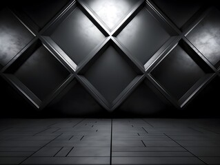 Dark Futuristic Industrial Concrete Architectural Studio Room with Geometric Wall Patterns and Textured Flooring