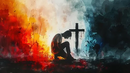 Fotobehang Man kneeling and praying in front of the cross. Digital watercolor painting © Jennifer
