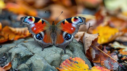 Peacock butterfly perched on rocky surface surrounded by autumn leaves - obrazy, fototapety, plakaty