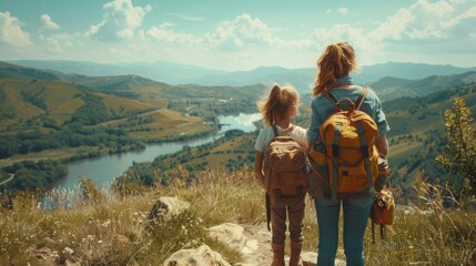 Mother and daughter with backpacks overlooking a valley mountain and river, happy bonding mom and young girl spend carefree holiday vacation hiking adventure outdoor trip, Family traveling activities