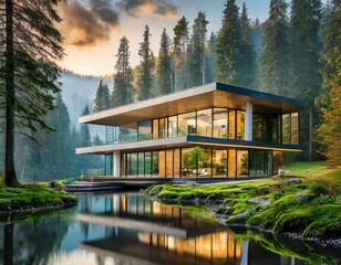 Modern single-family wooden house with large windows in the middle of a beautiful forest.