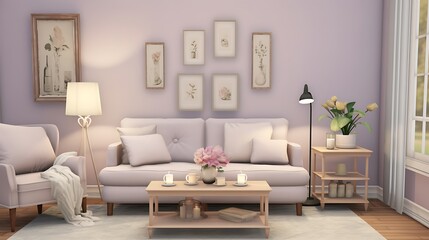 Soft Lavender Living Room:  a cozy living room with soft lavender walls, light gray furniture, and accents of cream, offering a gentle and relaxing atmosphere for gatherings