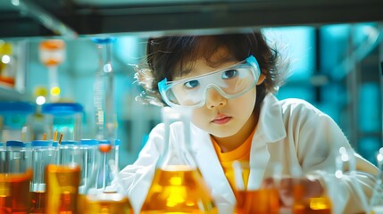 A child dressed in a lab coat and safety goggles fulfilling their dream of becoming a scientist