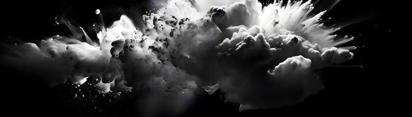 Dramatic Charcoal Burst and Powder Explosion in Monochromatic Abstract Futuristic Background - obrazy, fototapety, plakaty