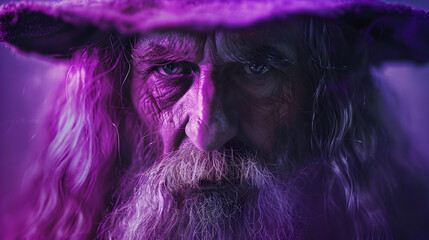 Epic close-up photoshoot of a wise wizard character looking directly at the camera against a mystical purple background.


