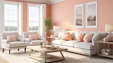 Soft Peach Living Room:  a soft and inviting living room with walls in peach hues, cream-colored furniture, and accents of soft gray, radiating a warm and cozy ambiance