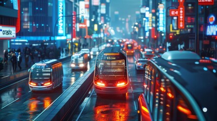 An illustration of an urban landscape transformed by self-driving buses and coordinated traffic control,  revolutionizing the way people move around the city - obrazy, fototapety, plakaty