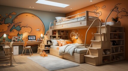 A bedroom with a bunk bed and a desk