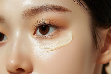 Close-up image of beautiful female face, eyes. Young female model applying under eye concealer.