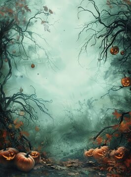 Pumpkins in a spooky forest with a full moon