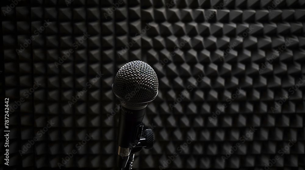 Poster Professional microphone on the black sound proof panel background Recording studio copy space : Generative AI