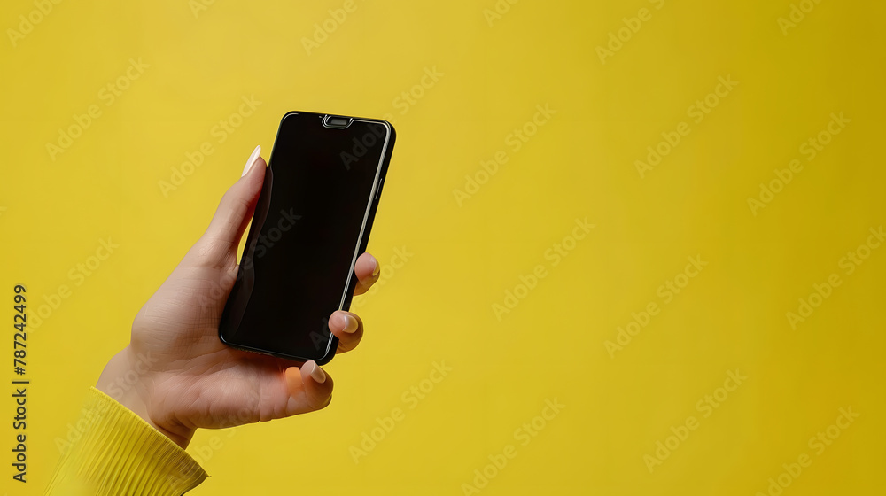 Poster office woman finger point at smartphone holding device in hand on yellow background mock up copy spa