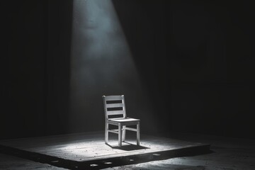 An empty chair and spotlight in a dark room