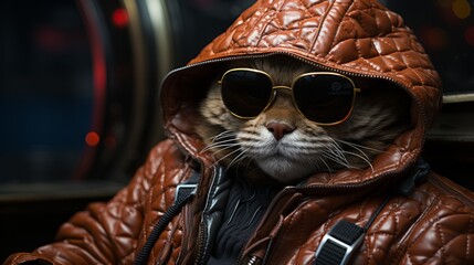 Cool cat wearing sunglasses and leather jacket - obrazy, fototapety, plakaty