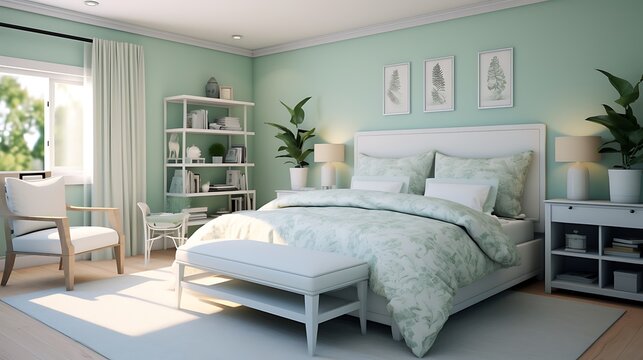 Soothing Mint Green Bedroom:  a calming bedroom with mint green walls, white furniture, and accents of soft gray, creating a serene and refreshing atmosphere