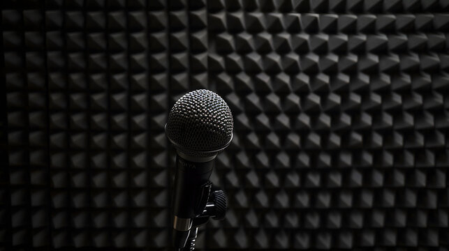 Professional microphone on the black sound proof panel background Recording studio copy space : Generative AI