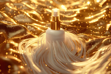 White bottle of shampoo-like beauty product swimming in an oasis of golden hair, luminance, shine, beauty, hyperdetailed,