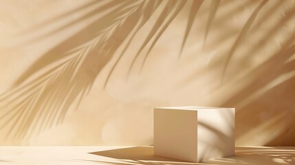 Tropical Sunset Vibe: 3D Geometric Pedestal in Golden Hour Light, Palm Shadow on Beige