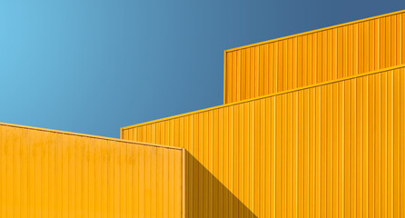 Roof facade yellow metal sheet building against blue sky on day well space for text presentation 
