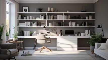 Fototapeta na wymiar Subdued Gray Home Office: Plan a minimalist home office with soft gray walls, white furniture, and black accents, promoting focus and concentration in a calming environment