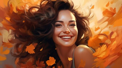 A painting capturing a smiling woman surrounded by vibrant autumn leaves - obrazy, fototapety, plakaty