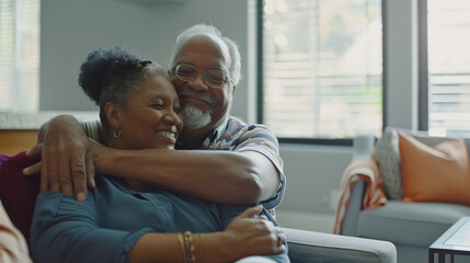 Senior biracial couple enjoys a tender moment at home with copy space they share a loving embrace in a bright and airy modern living space : Generative AI - Powered by Adobe