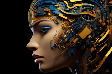 A woman's face with a golden circuit board pattern