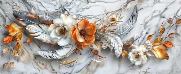 panel wall art, marble background with feather and flowers desig - obrazy, fototapety, plakaty