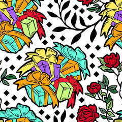 Gift box, ribbon and flowers seamless pattern for wrapping present with bow, party celebration, sale promotion, Textile print, fabric design, banner background. Hand drawn illustration cartoon style.