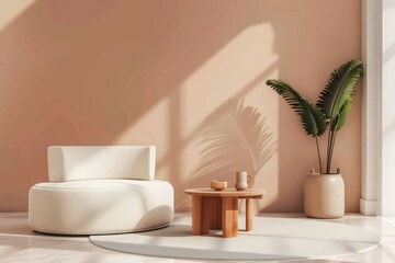 Fototapeta na wymiar Modern, light minimalist interior of the living room peach fuzz color