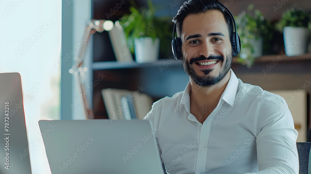 Poster portrait of smiling middle eastern male manager in headset working on laptop computer in modern offi