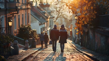 Unrecognizable senior couple walking down a cobblestone street in the fall against sunlight in golden hour serene moment, senior lifestyle traveling walking enjoy spend carefree holiday together