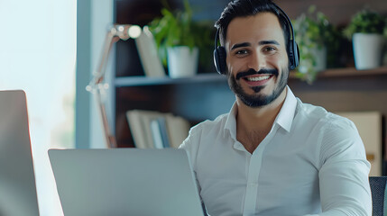 Portrait Of Smiling Middle Eastern Male Manager In Headset Working On Laptop Computer In Modern Office Happy Guy Sitting At Desk And Consulting Clients Online Using Pc Free Copy Space : Generative AI
