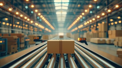 Automated warehouse conveyor belt with cardboard e commerce packages for efficient logistics