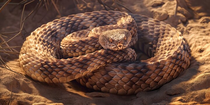A realism infused image of a coiled rattlesnake in the desert, poised and alert, capturing the tension of a potential encounter