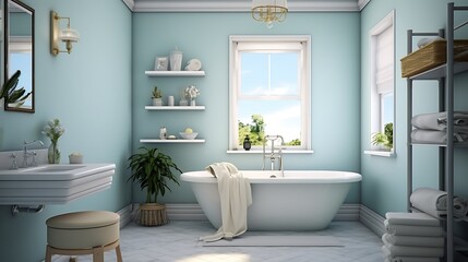 Tranquil Sky Blue Bathroom:  a peaceful bathroom with sky blue walls, white fixtures, and accents of seafoam green, evoking a sense of calm reminiscent of clear skies and ocean breezes